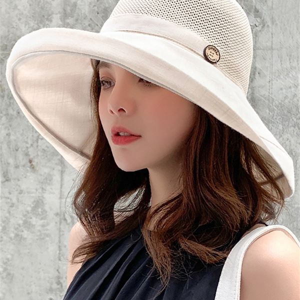 Mulheres verão verão dobrável antiuv praia chapéu de cor sólida malha de líquido grande largura chapéu solar ladys pano protetora solar tampa feminina 220607