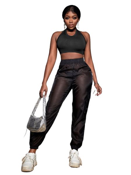 

sxy backless crop halter & flap pocket mesh pants without panty t8g6#, White
