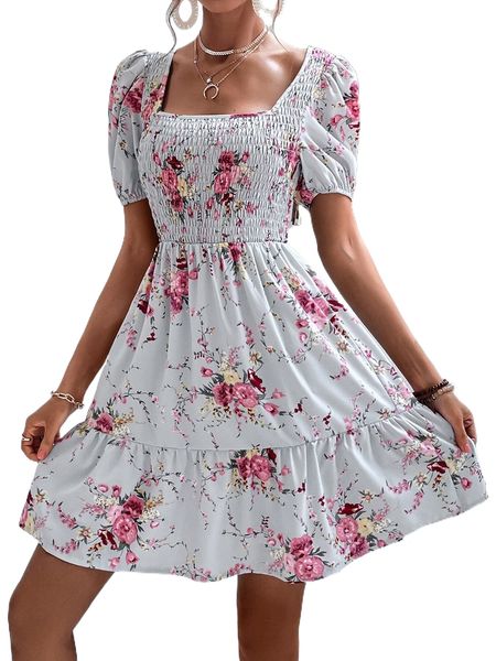 

allover f.loral print s.hirred bodice r.uffle h.em d.ress h5hj#, Black;gray