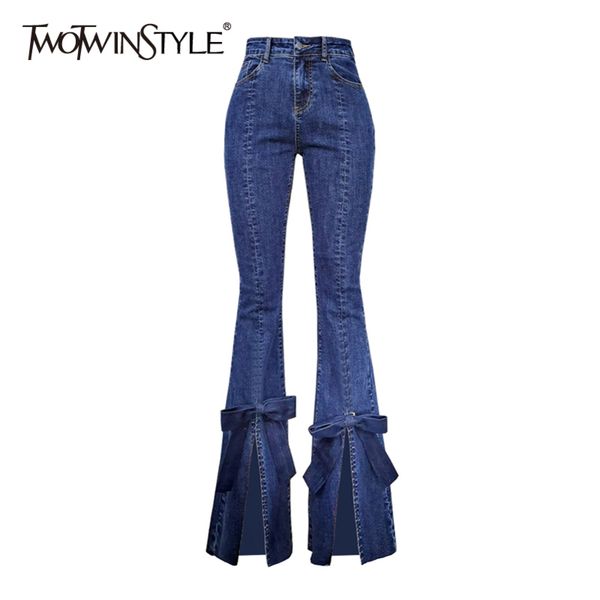 

casual patchwork bowknot jeans for women high waist bottom split slim denim pants female fashion clothing 210423, Blue