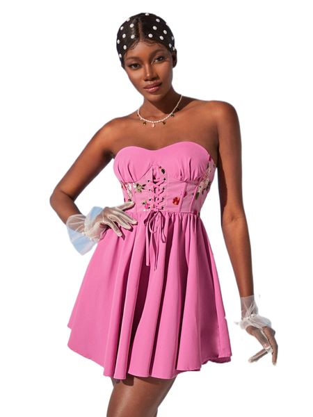 

floral embroidery grommet lace up plicated detail tube dress h7pe#, Black;gray