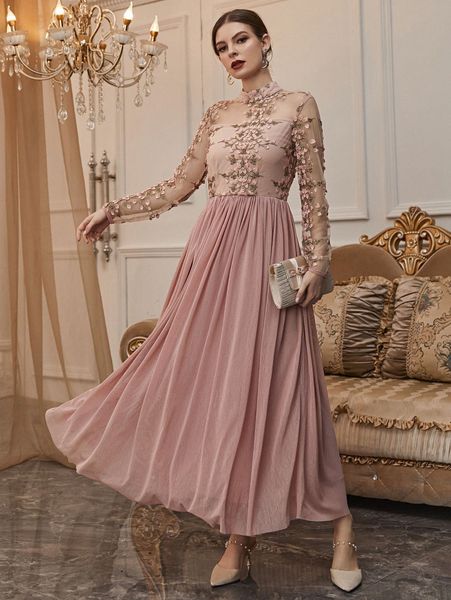 

floral embroidery mock neck mesh dress n5f2#, Black;gray