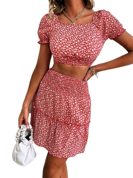 

ditsy floral print puff sleeve crop & frill trim skirt t1pw#, White