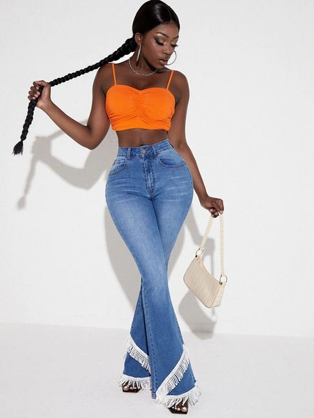 

sxy fringe trim flare leg jeans a1d8#, Blue