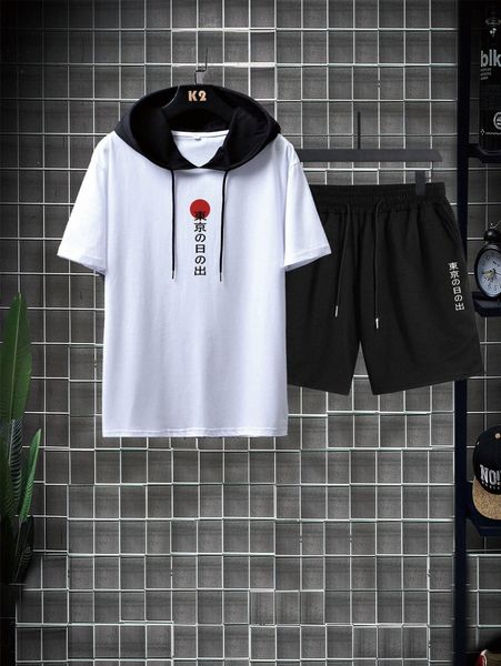 

men sun & japanese letter graphic drawstring hooded tee & shorts j4sh#, Gray