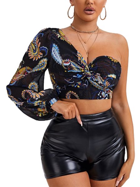 

sxy paisley print twist front one shoulder crop chiffon blouse c6uo#, White