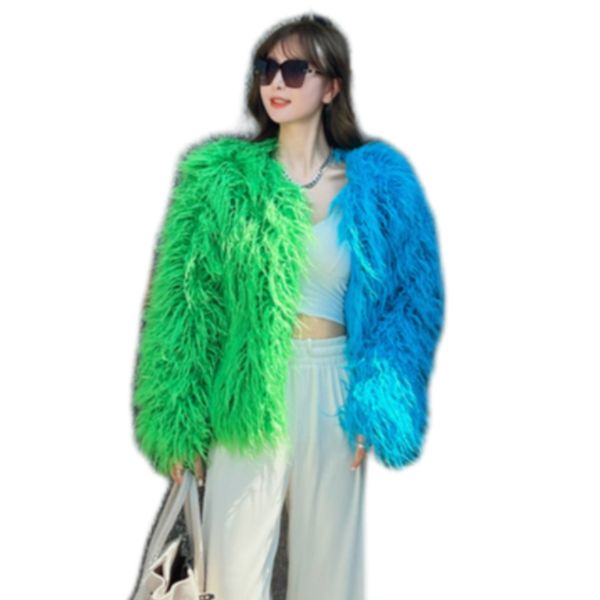 

women's fur & faux fur patchwork color imitation wool coat, Black