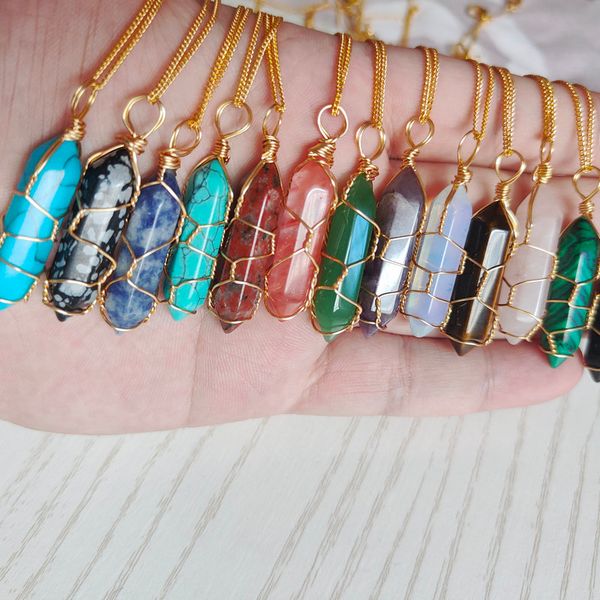 

natural crystal stone pendant wire wrap hexagonal bullet amethyst quartz crystal necklace pendulum chakra pendulo, Silver
