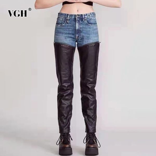 

casual patchwork leather jeans for women high waist pocket slim denim pants female fashion clothing spring 210507, Blue