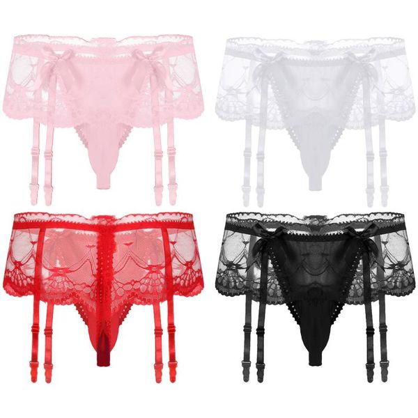 Unterhosen für Herren, Sissy-Dessous, Unterwäsche, Blumenmuster, durchsichtig, transparente Spitze, Rock, Slip, Schleife, Ausbuchtungsbeutel, T-Rücken, G-String, Tangas, UnderpantsU