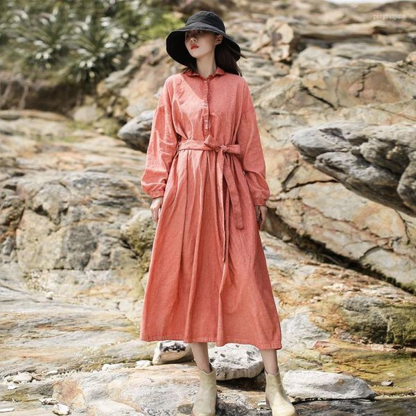 Sıradan Elbiseler Johnature 2022 Kadınlar için kadife Kemer Bahar Düz Renkli Cüppeler Dönüşü Kapalı Uzun Kollu
