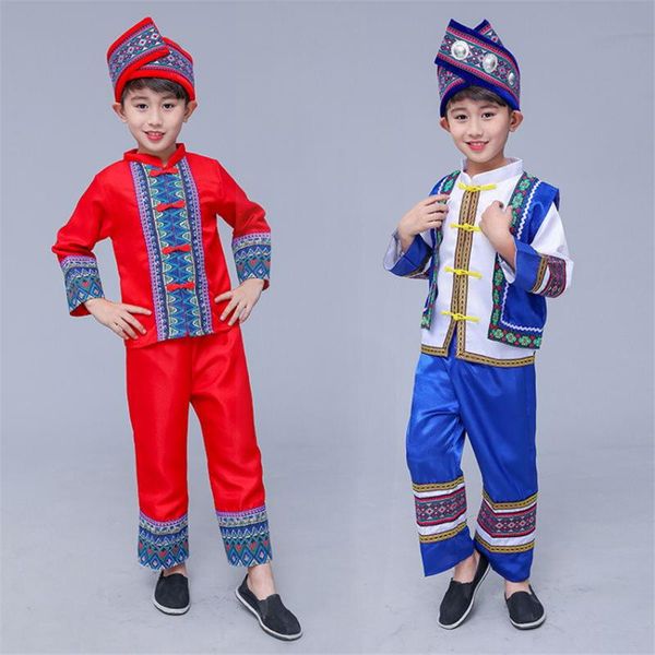 Traje de Palco Crianças Chinês Antigo Hmong Miao Traje Meninos Estampados Folclórico Vestido Hanfu Conjunto de Roupas Festival Tradicional Performance WearStage