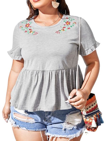 

plus floral embroidery flounce sleeve peplum tee 41pk#, Black