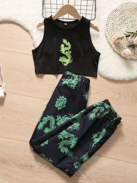 

girls chinese dragon graphic tank & pants she, White