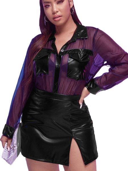 

plus button through flap pockets sheer organza blouse f09p#, Black