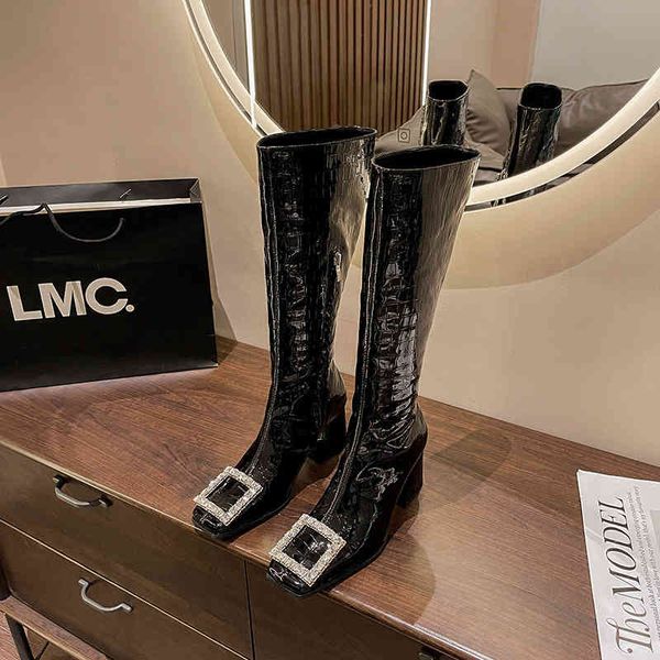 

boots net red patent leather square buckle head high tube boots show thin knight women's thick heel heels autumn and, Black