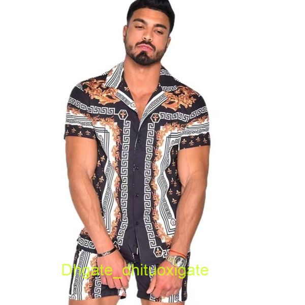

luxury men's casual shirts men tracksuits hawaiian sets printing summer short sleeve button shirt fashion beach shorts tees streetwear, White;black