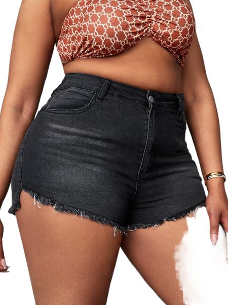 

sxy plus raw hem high waist denim shorts i22y#, White;black