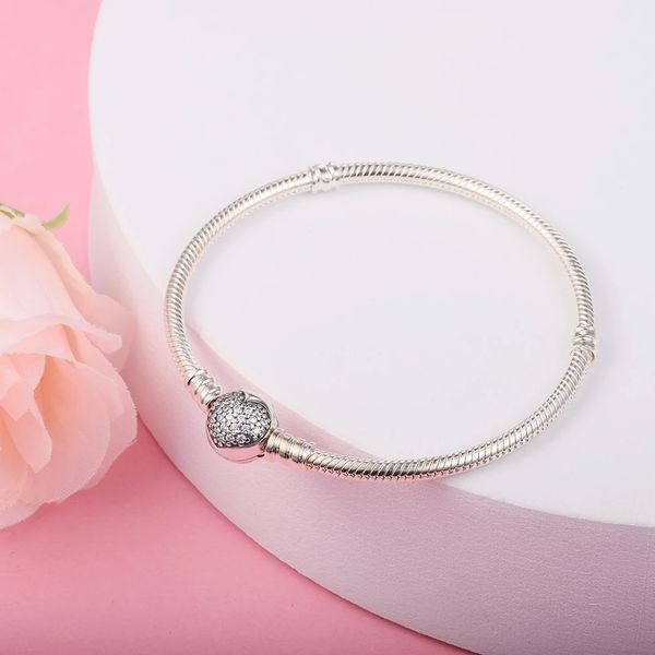

genuine 925 sterling silver sparkling heart clasp bracelet clear cz moments snake chain bracelets for women fit pandora charms beads diy jew, Golden;silver