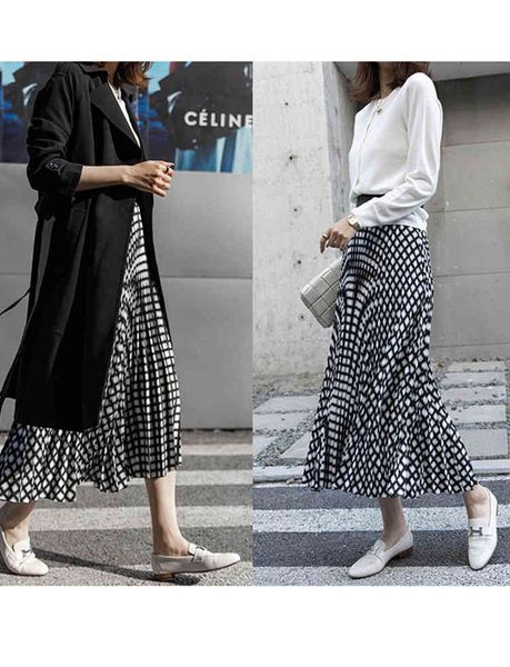 

skirts th theory spring and summer high twist fabris not easy to wrinkle when falling. classlattice waist a-shaped pleated skirt, Black