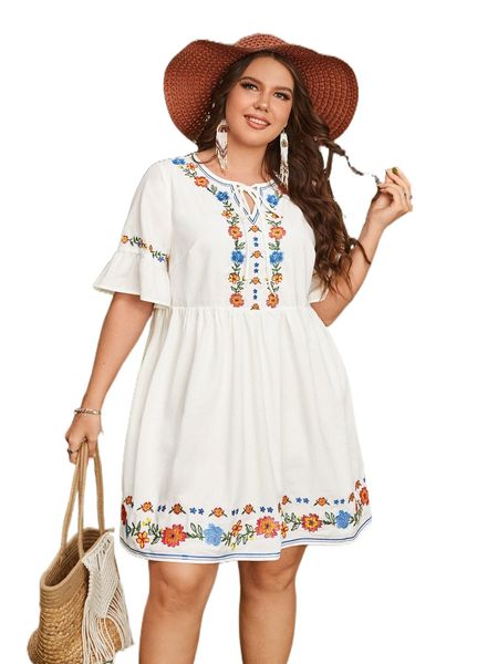 

plus floral embroidered tie neck flounce cuff dress x1sf#, Black