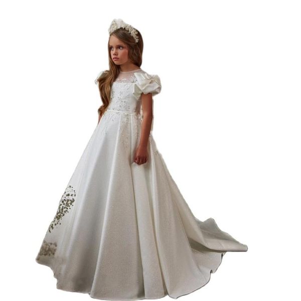 Mädchenkleider Elfenbein Satin Blumenmädchen mit Bogenschärpe First Communion Kleid für kleine Kinder Party Geburtstagsagentuch Gowngirl's