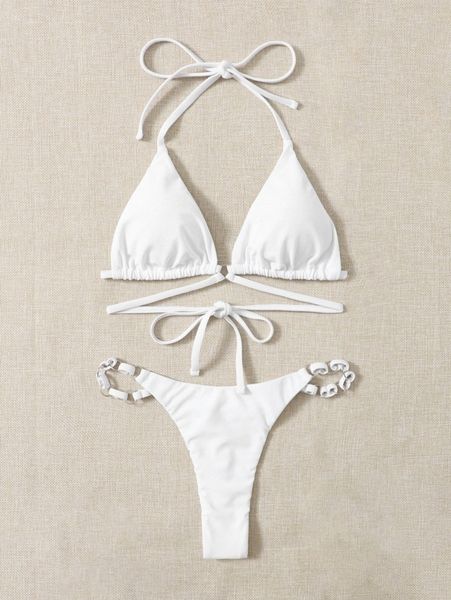 

ring linked triangle thong bikini swimsuit x4cy#, White;black