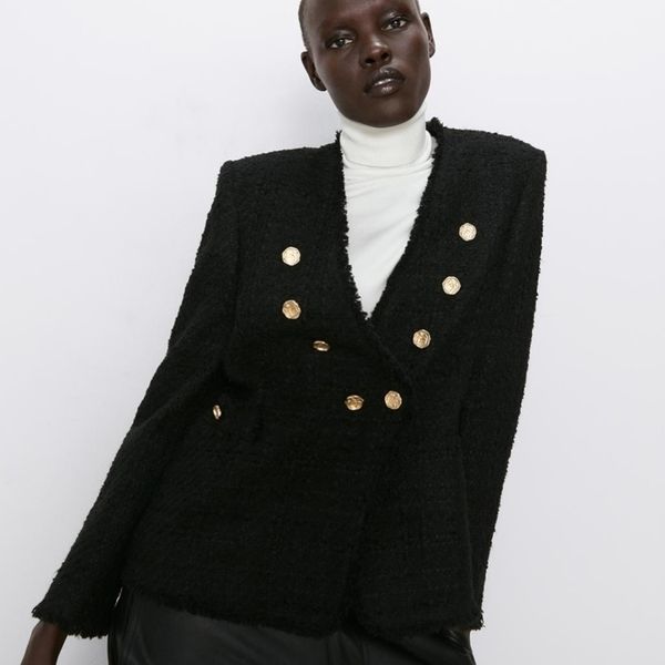 

zoepo solid v neck jacket fashion double breasted coat elegant twill long sleeve jackets female ladies iz y200101, Black;brown