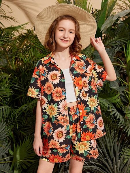 

teen girls sunflower print blouse and shorts set she, White