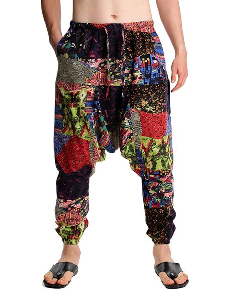 

men random patchwork print drawstring waist drop crotch pants w217#, Black