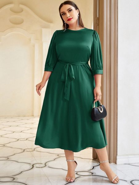 

plus solid belted puff sleeve dress 12sz#, Black