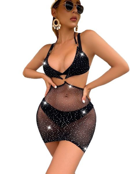 

rhinestone cut out ring linked mesh dress without liner d9j5#, Black;red