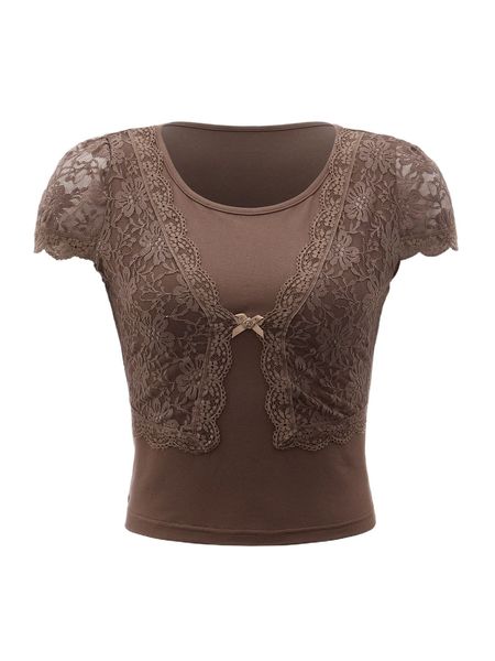 

romwe solid floral lace bow tee v64f#, White