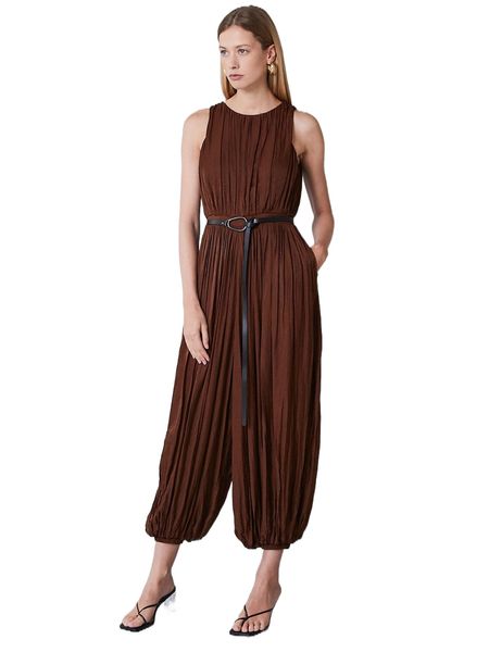 

motf premium pleated balloon leg jumpsuit without belt b6ut#, Black;white