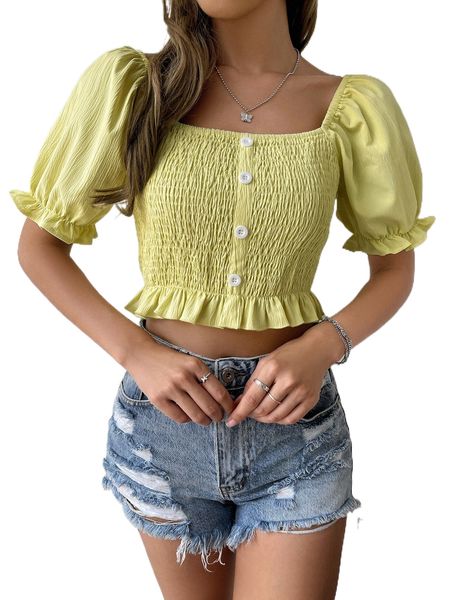 

square neck puff sleeve shirred peplum crop blouse g5al#, White