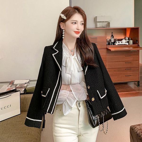 

women's jackets 2022 women fashion tweed jacket single-breasted blazer coat short woolen female, Black;brown