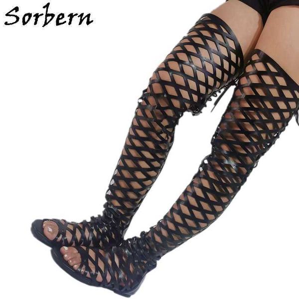 

sorbern black fishnet holo boots women flat summer sandal shoes back zipper ladies shoe open toe customized big size 35-48