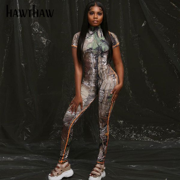

hawthaw women short sleeve printed bodycon slim fashion zipper jumpsuit overall playsuit 2021 female clothing streetwear, Black;white
