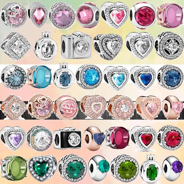 925-Armband-Charms für Pandora-Charm-Set, Originalverpackung, modisch, bunt, rosa, rot, grün, blau, große Zirkon-Krone, europäische Perlenkette, Charms-Schmuck