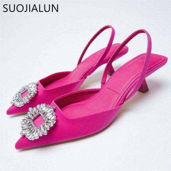 

suojialun brand women sandals fashion crystal buckle slingback sandals thin low heel ladies elegant pumps shoes 220326, Black