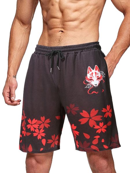 

men fox & floral print drawstring waist shorts r7fm#, White;black