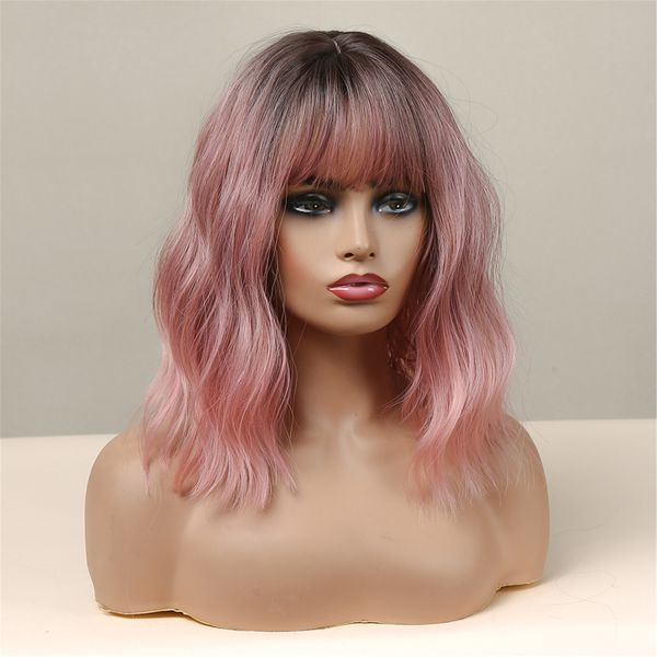 

lx brand brown to pink ombre bob wigs with bangs synthetic short bob wigs light brown wavy wig natural wave heat resistantfactory direct, Black