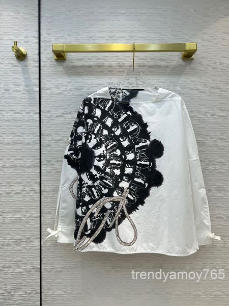 

women's blouses & shirts rope graffiti printed shirt literary one line collar loose casual split high end, White