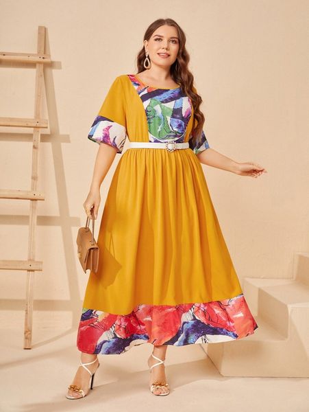 

plus color block high waist flare dress without belt r7ab#, Black