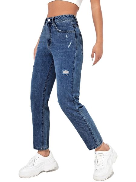 

high waisted ripped mom fit jeans 74bw#, Blue