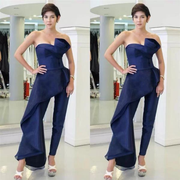 New Fashion Navy Blue Tailleur pantalone Abiti da ballo senza spalline con gonna oversize Abiti da sera Vestidos De Fiesta Organza Party Tute Custom Made