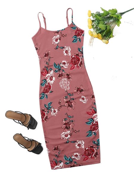 

floral print split hem bodycon cami dress u9vf#, Black;gray