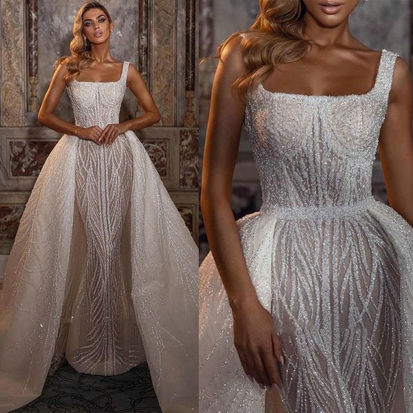

sparkly mermaid wedding dress with detachable train square collar backless saudi arabic crystal beading bridal gown, White
