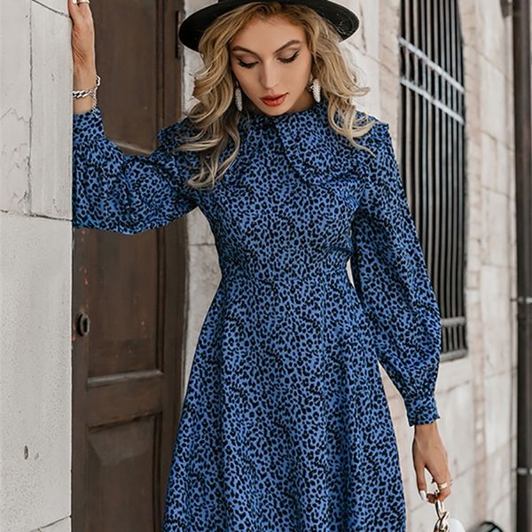 Gekräuselter Peter-Pan-Kragen Laternenärmel Leopard A-Linie Damenkleid Urlaub hohe Taille Minikleider weiblich blau Vestidos 220511