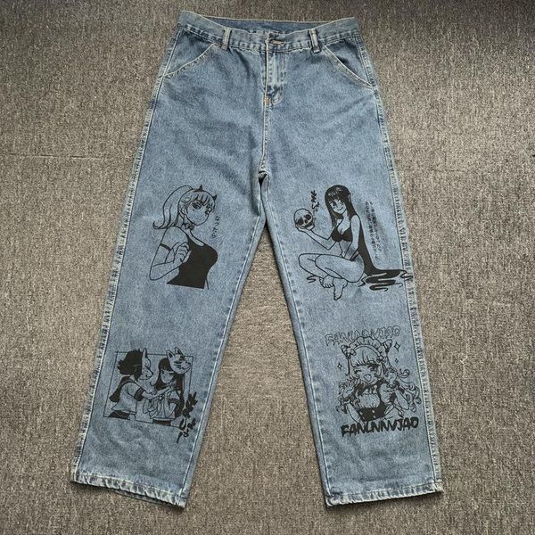 

men's jeans godlikeu men washed harajuku anime print baggy streetwear cotton fashion loose wide leg pants, Blue